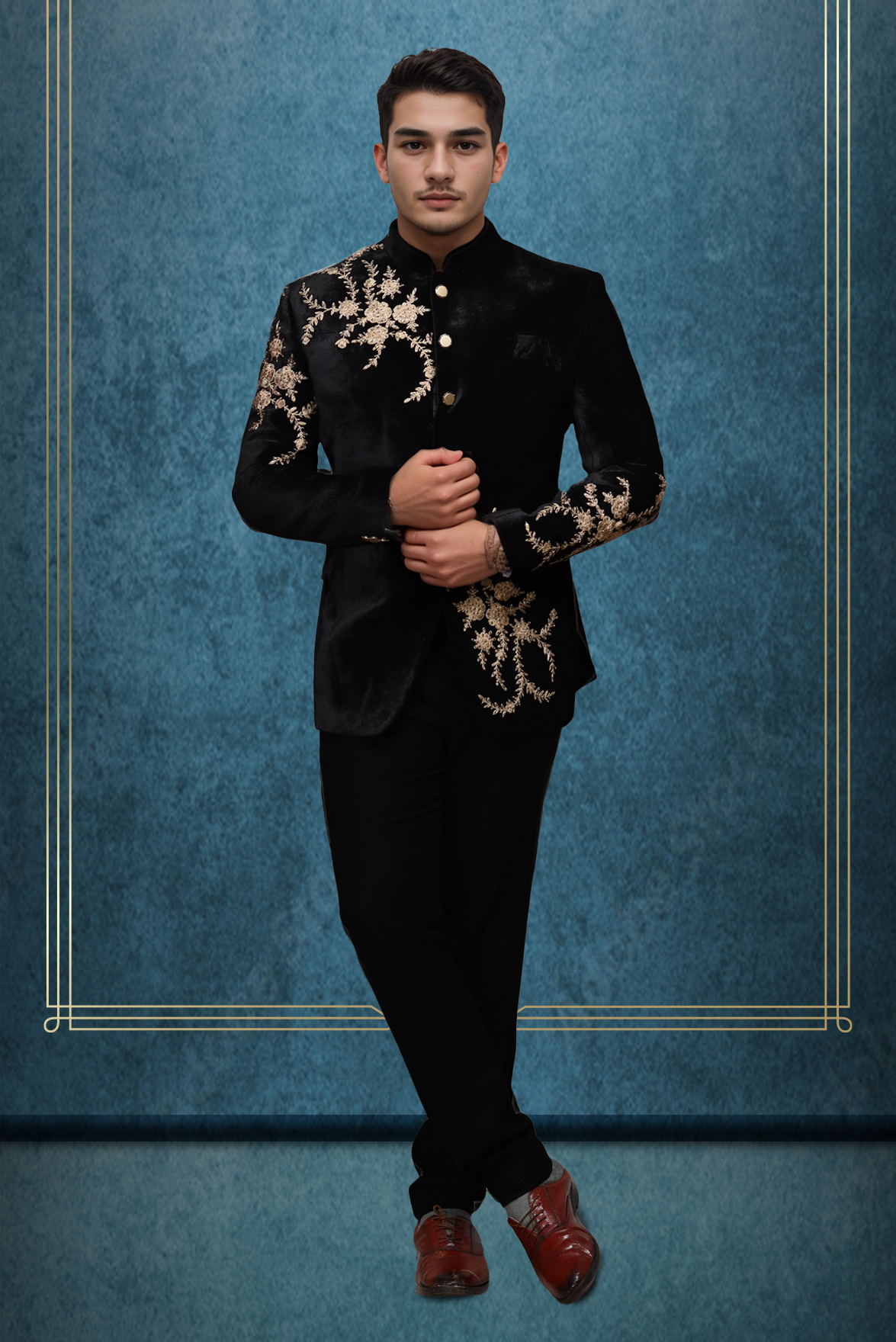 Men’s Black Velvet Bandhgala Suit with Golden Floral Embroidery