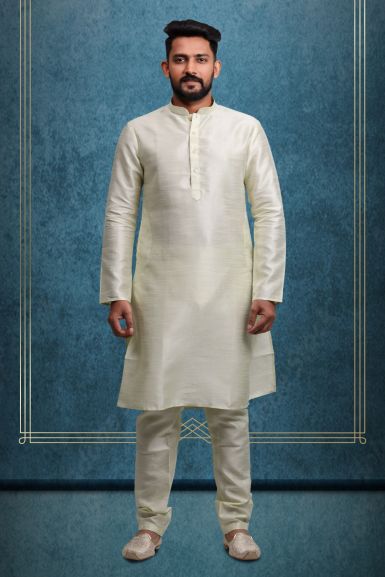 Cream Kurta Pyjama in Blended Fabric