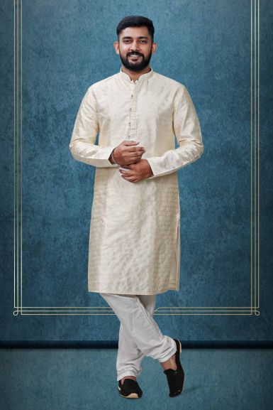 Ivory White Ethnic Kurtha In Golden Threadwork Textured Dupion Silk Fabric And White Bottom