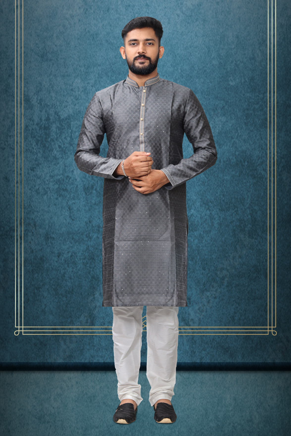 Grey Colour Ethnic Kurtha In Golden Threadwork Textured Dupion Silk Fabric And White Bottom