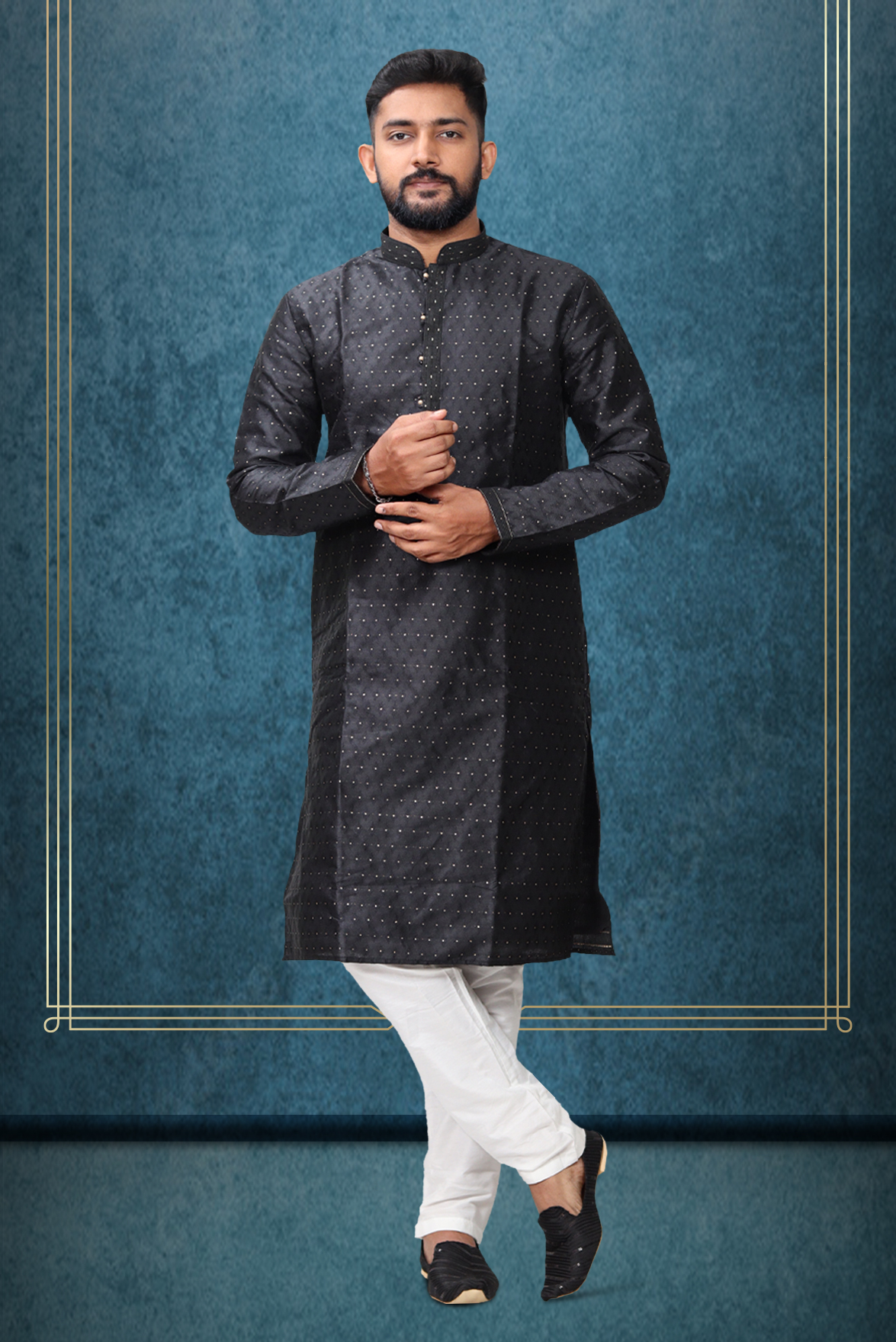 Black Colour Ethnic Kurtha In Golden Threadwork Textured Dupion Silk Fabric And White Bottom