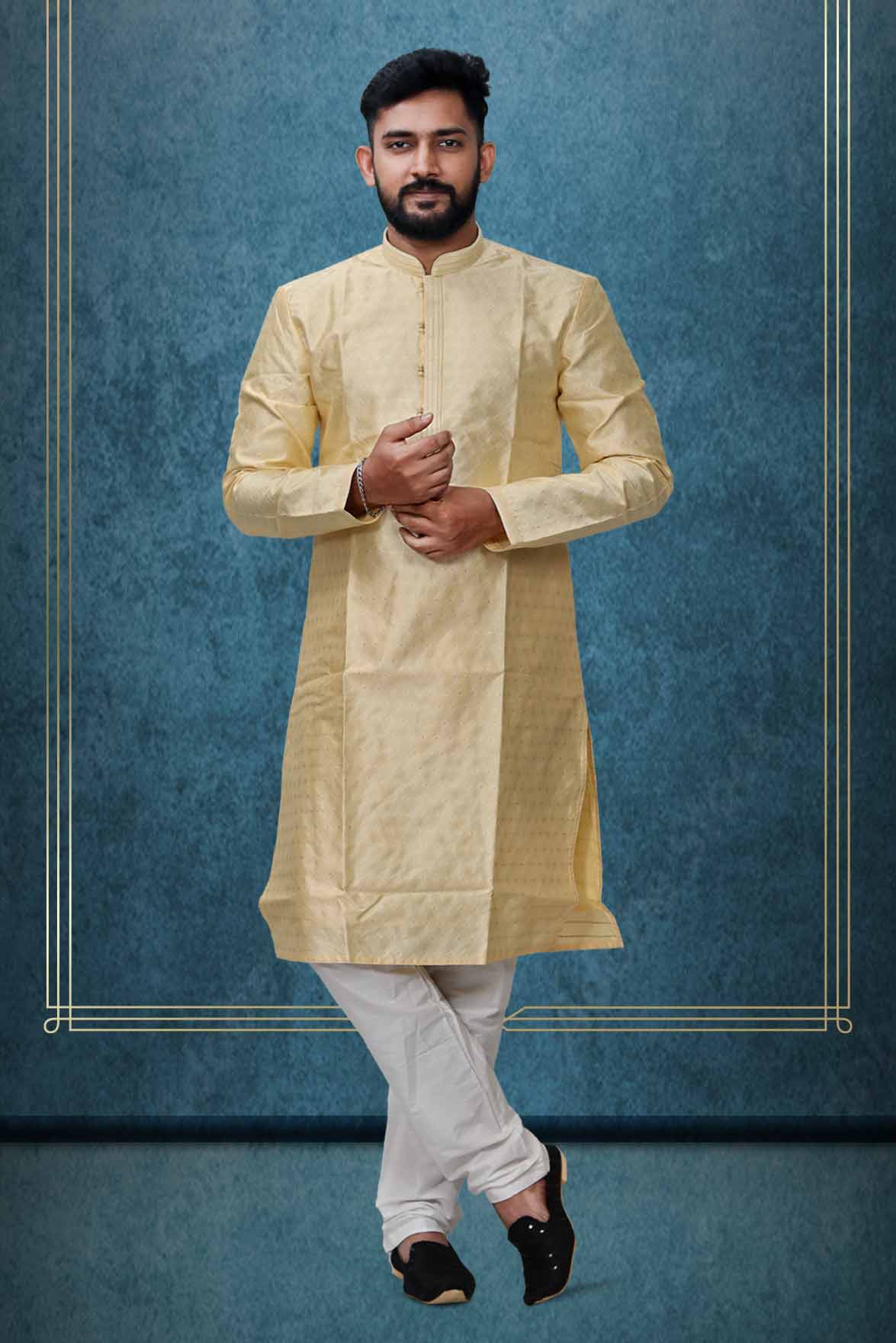 Pastel Yellow Ethnic Kurtha In Golden Threadwork Textured Dupion Silk Fabric And White Bottom