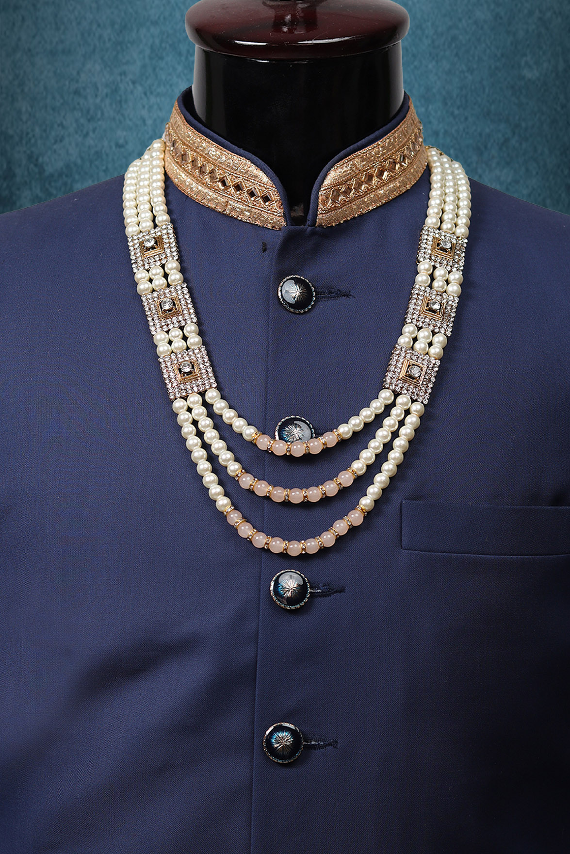 White And pastel orange Kingly Mala With Stone Locket Details