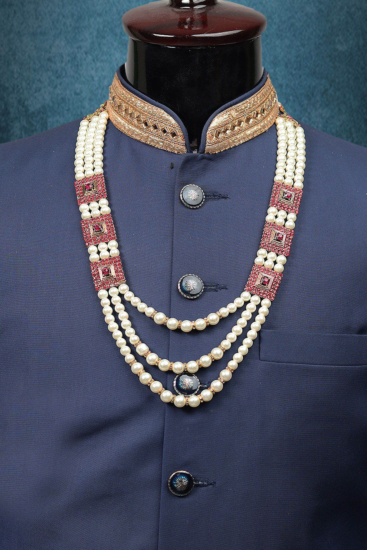 White Pearl Princely Mala With Red Stone Side Locket Detailing