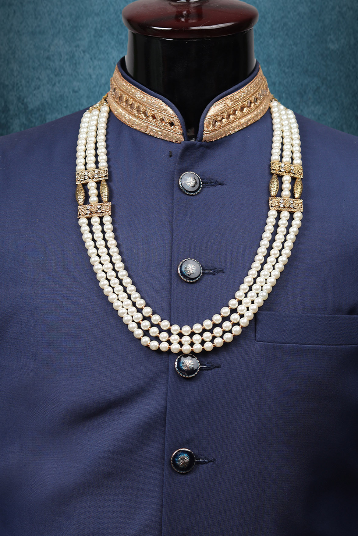 White Pearl Long Mala With Intermediate Golden And White Stone Locket Detailing