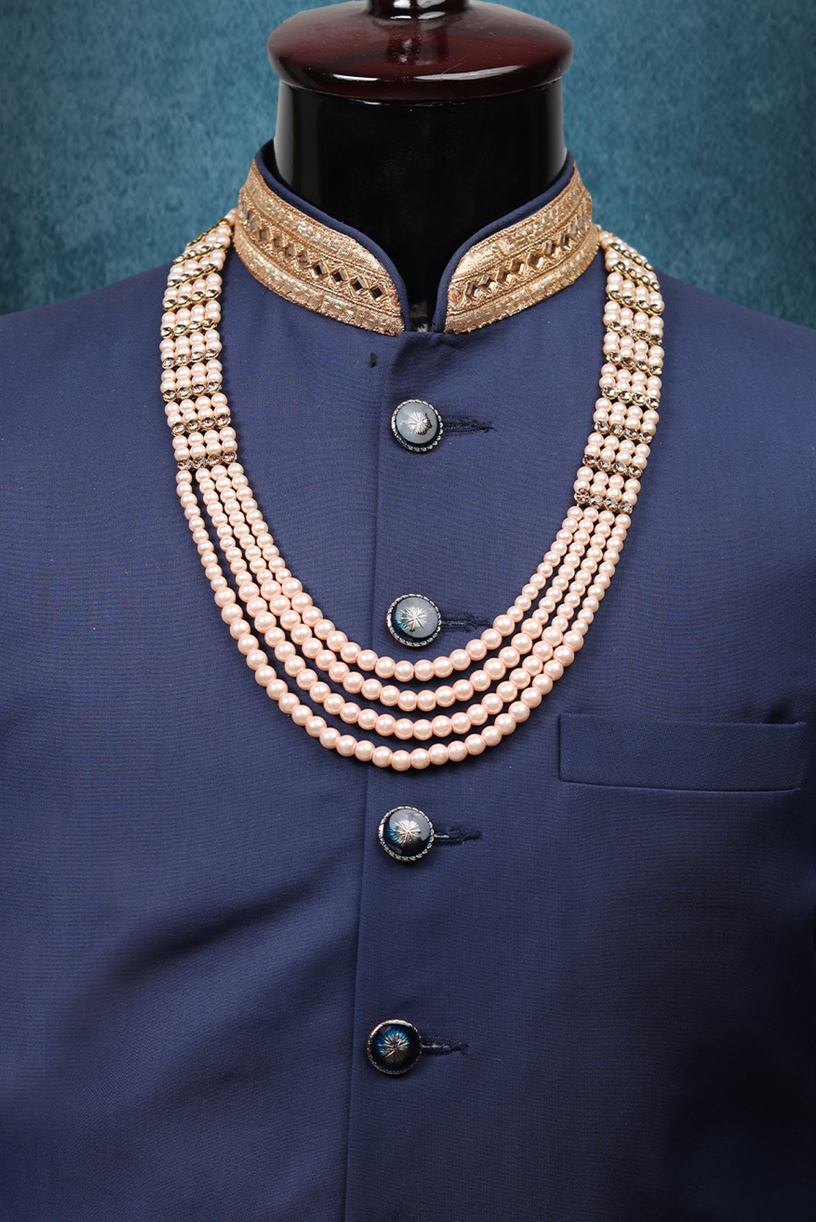 Baby Pink Mothi Mala With Golden And Stone Linear Locket Details On Sides