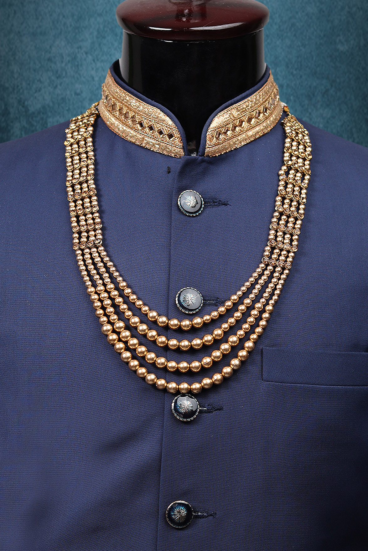 Golden Mothi Mala In 4 Layers With Linear Stone Attachments For Side Detailing
