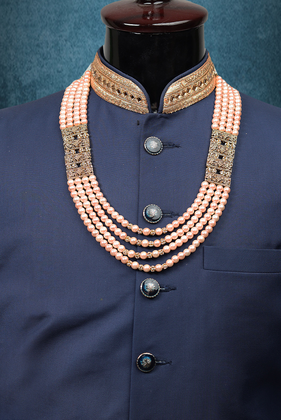 Baby Pink Four Layer Mothi Mala With Golden Locket Attachment In Blocks As Both Side Detailing