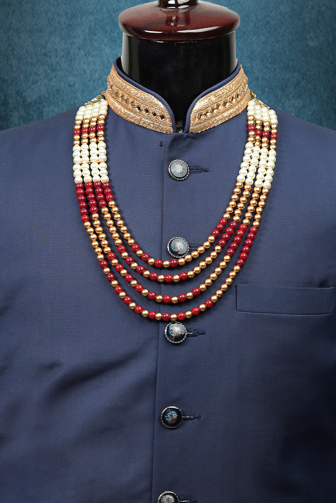 Red, Golden And White Majestic Mothi Mala In 4 Layers With Uneven Beads Arrangement All Over