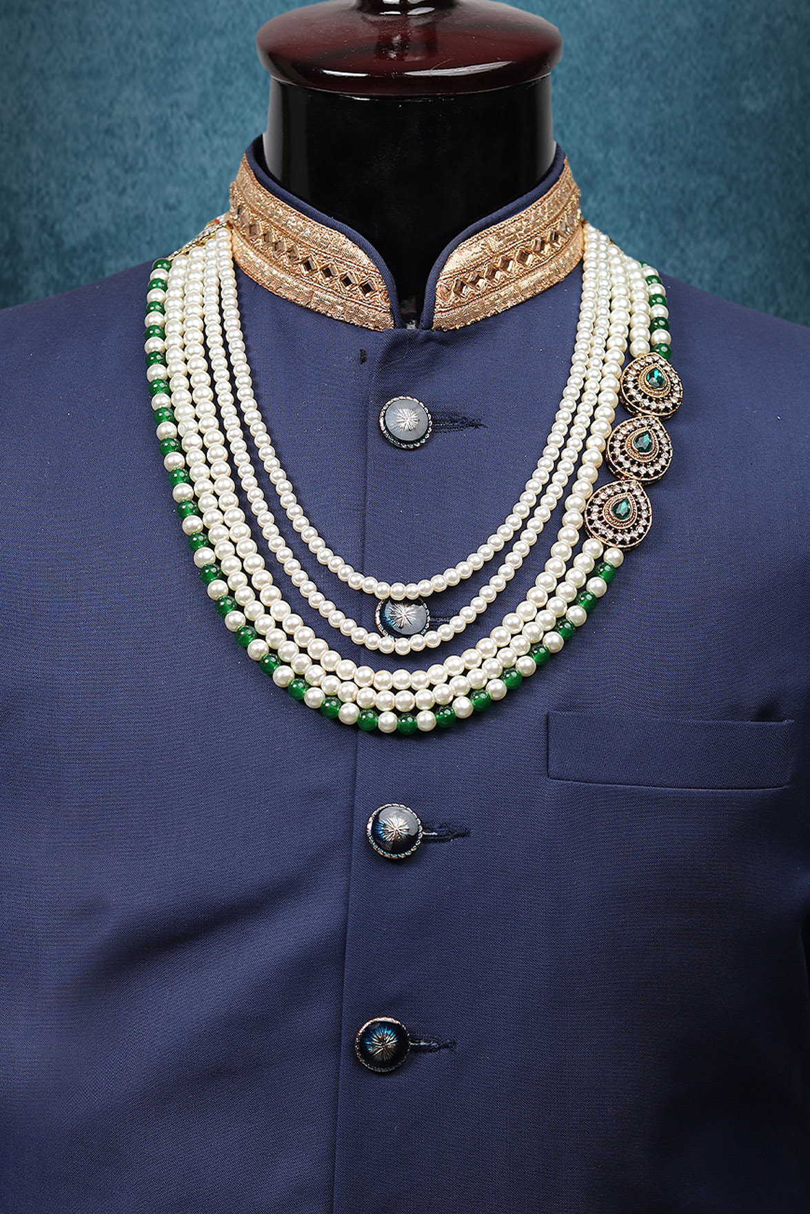 White And Green Mothi Mala With Four Plain White Beads Layered Chain