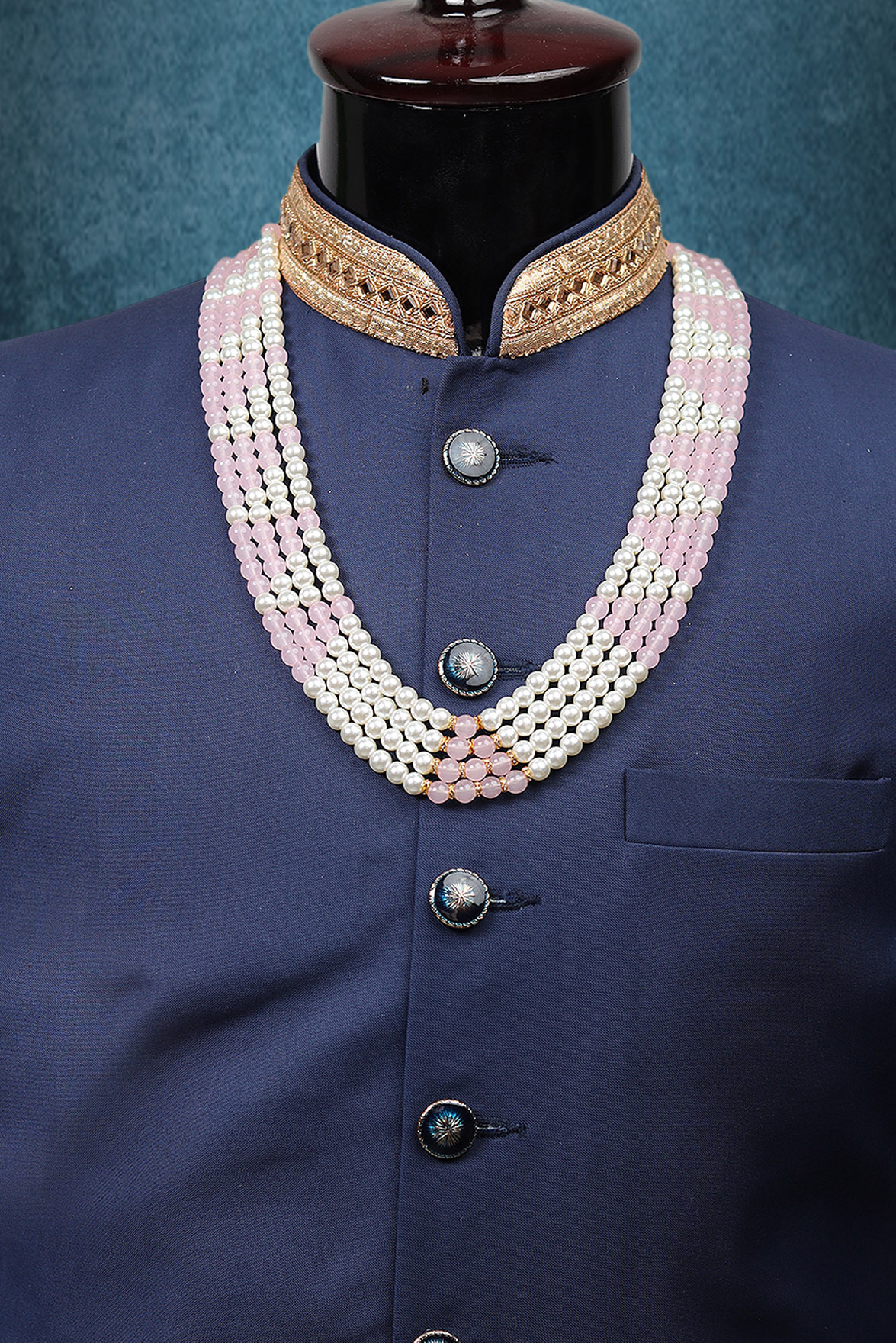 Baby Pink And White Mixed Mothi Mala With Pink Beads On Center Front