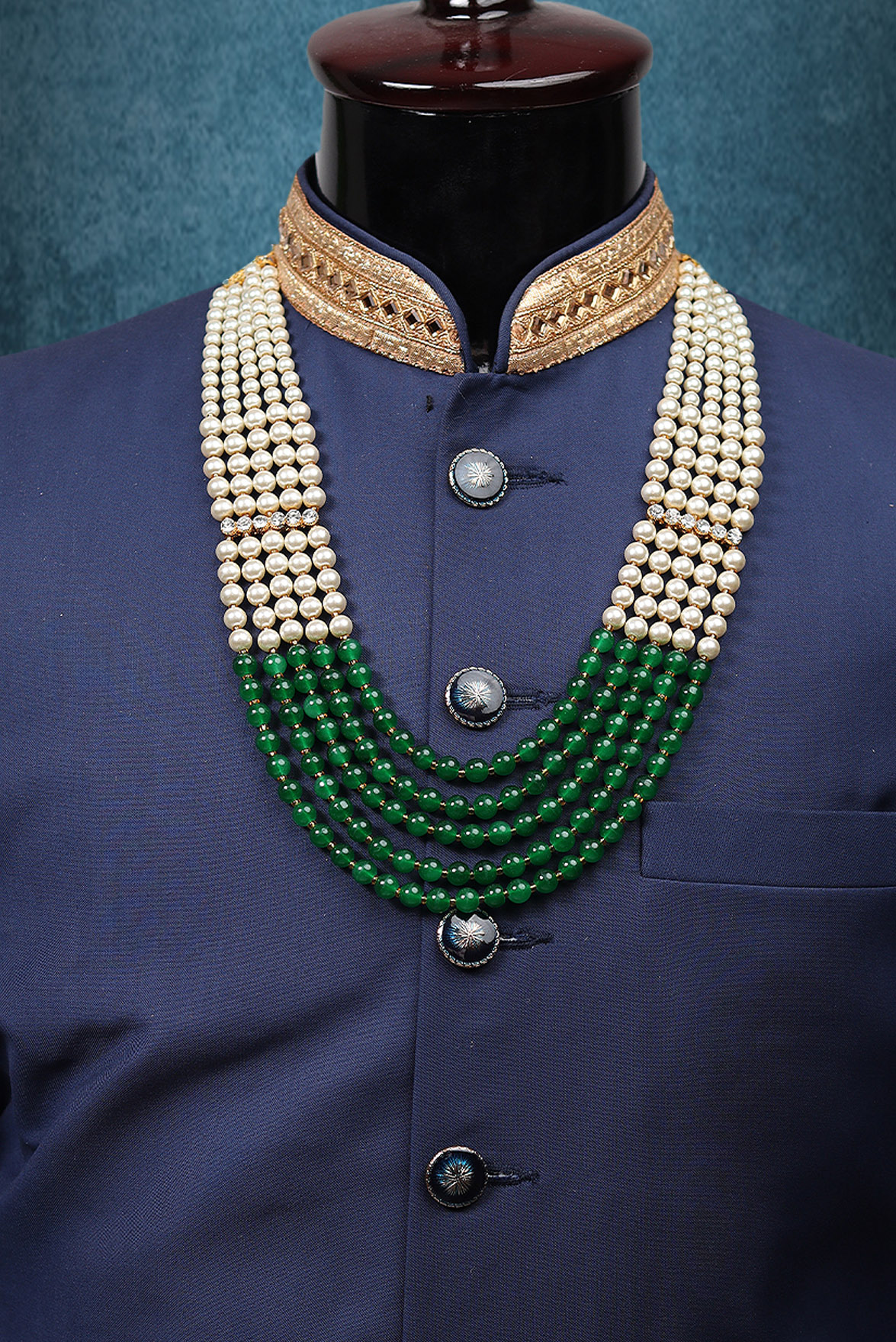 White And Green Elegant Mothi Mala With A Beautiful Linear Later Attachment In Stones
