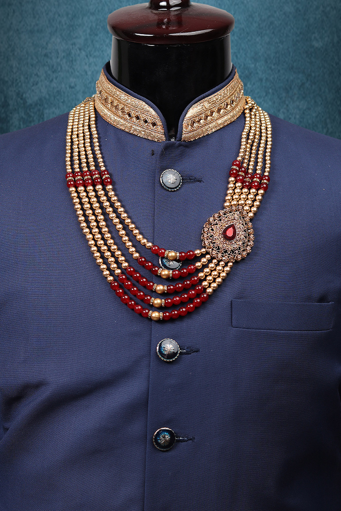 Golden And Red Mothi Mala With Five Layers Sophisticated With A Raindrop Shaped Locket On Side