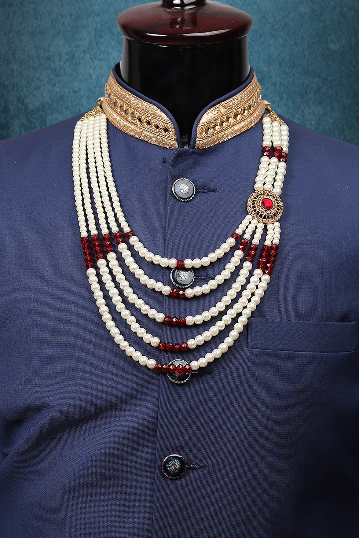 White And Red Multilayered Mothi Mala With Red Stone Locket Detailing On Single Side