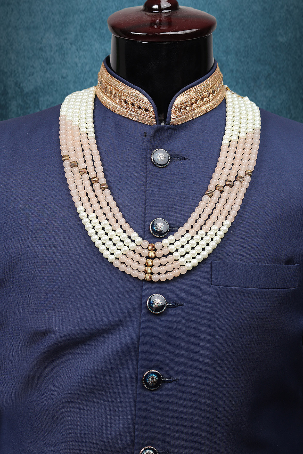 Pastel Peach And White Five Layered Mothi Mala With Golden Stone Strings On Sides And Center Front