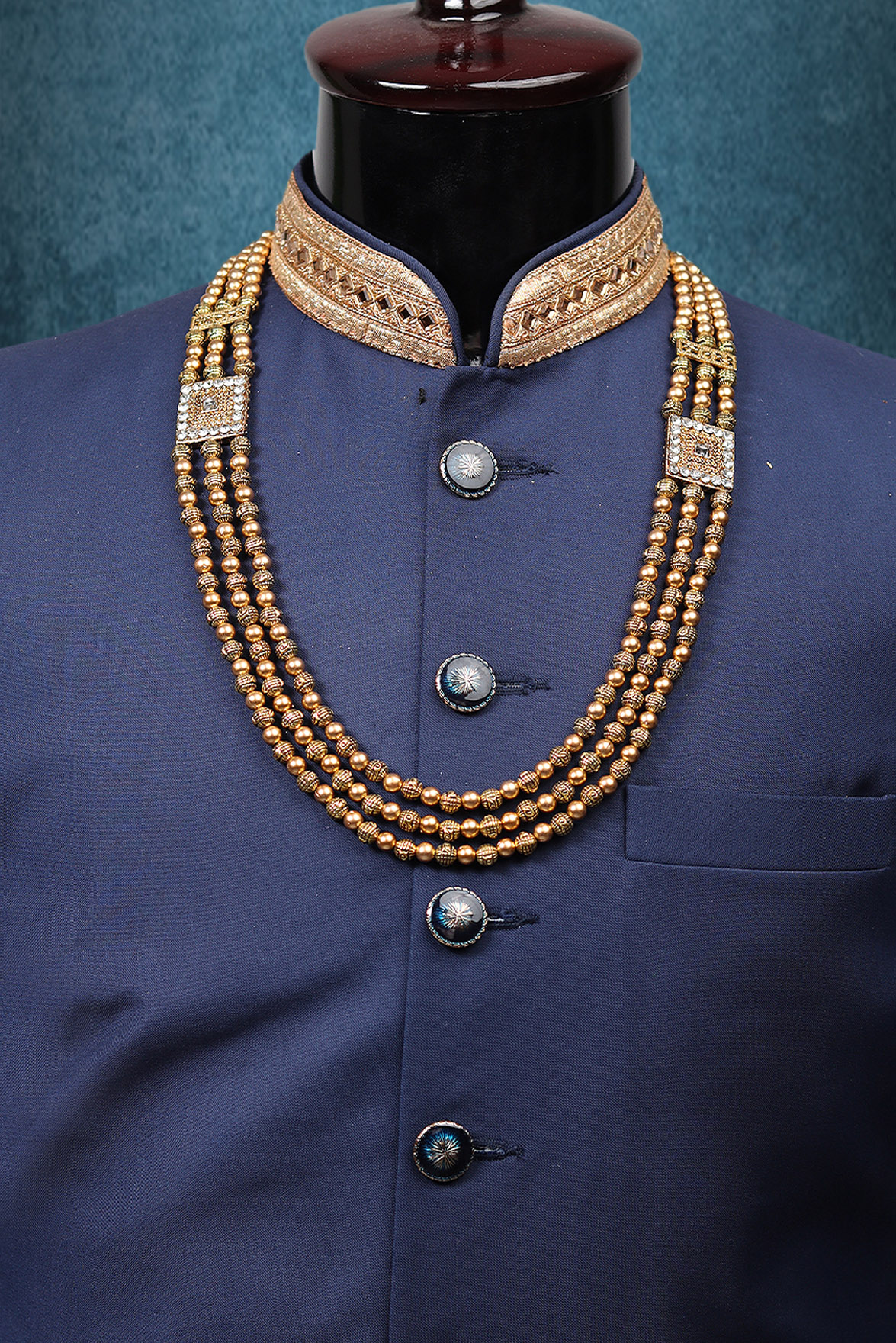 Golden Beads Mala With Golden And White Square Locket Detailing