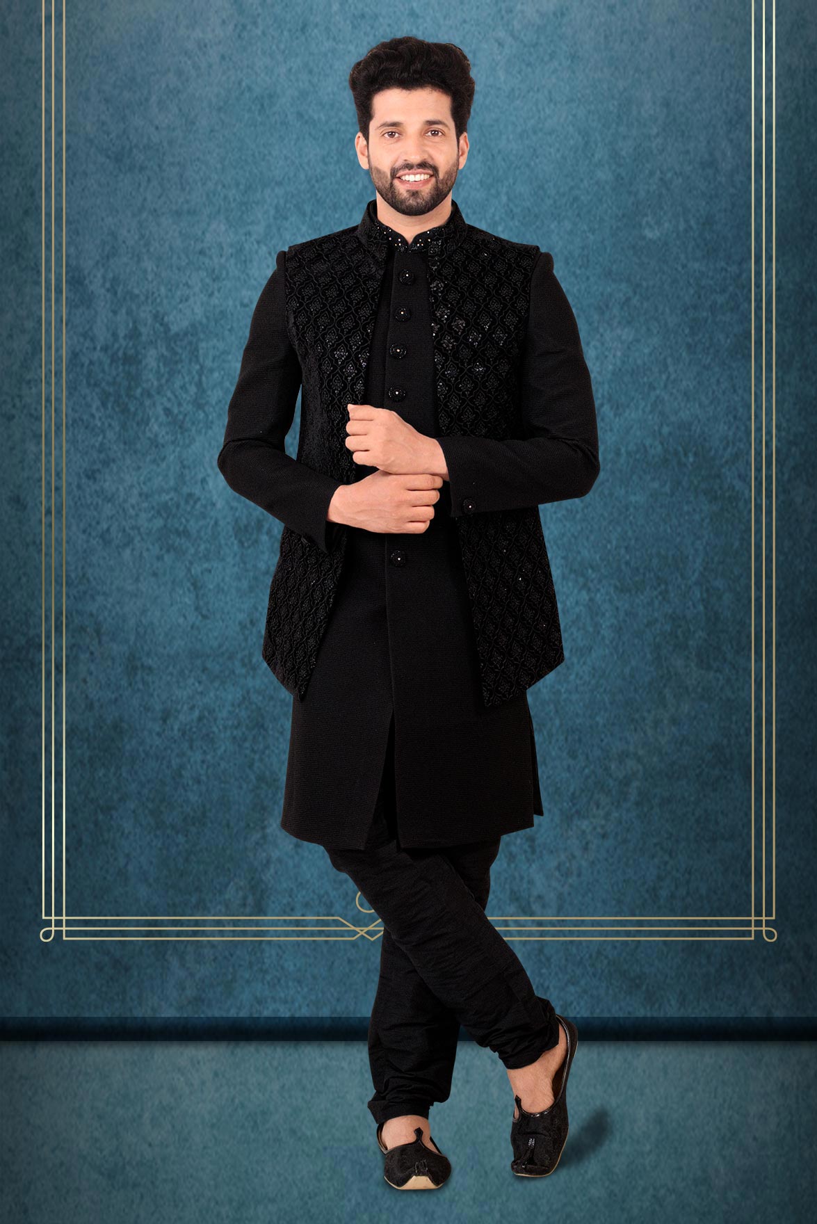 Black Silky Jacquard Sherwani