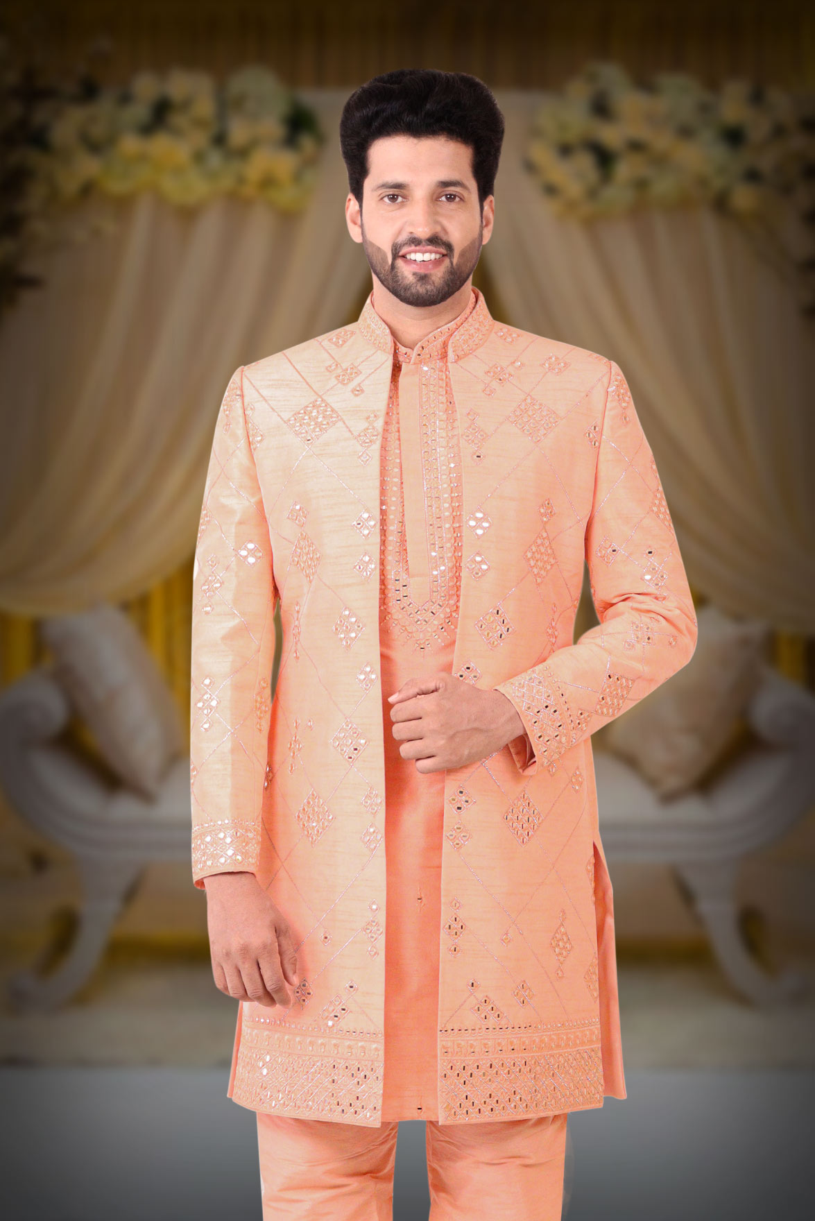 Peach Dupion Silk Sherwani