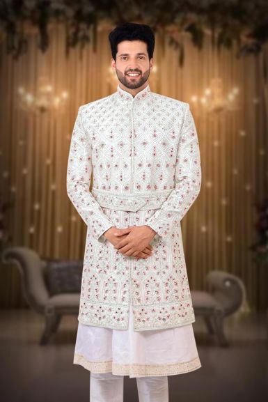 White Dupion Silk Sherwani