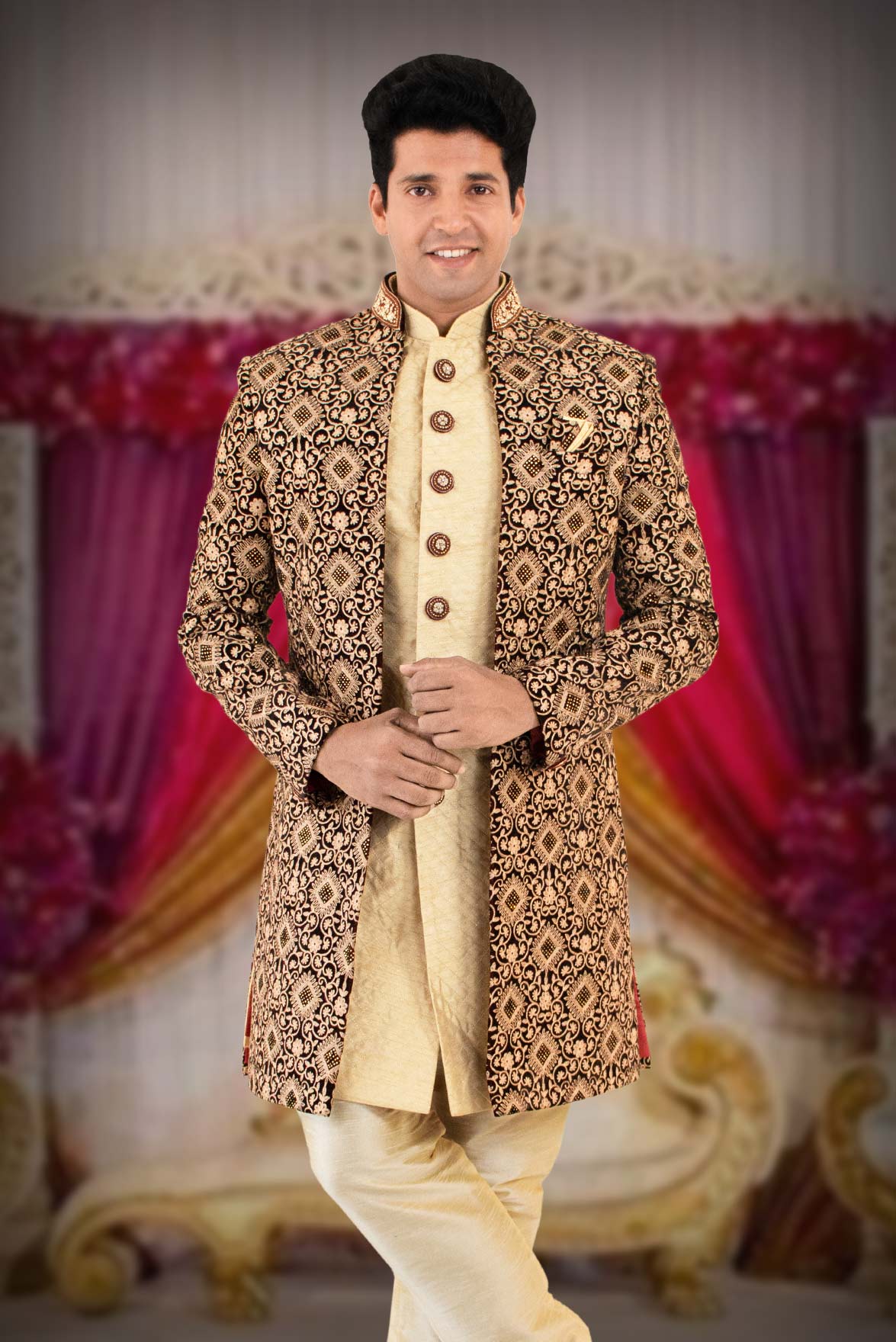 Dark Maroon And Fone Jacquard Sherwani