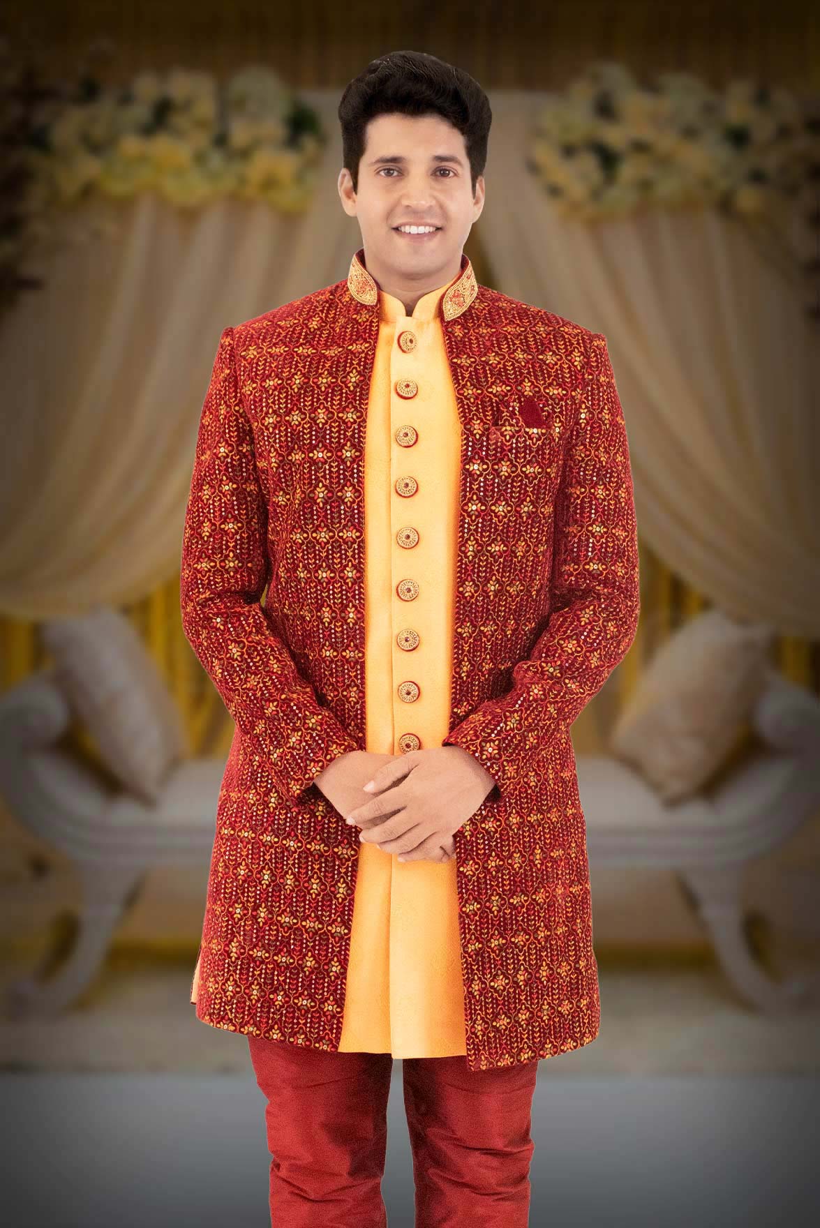 Maroon And Peach Jacquard Sherwani