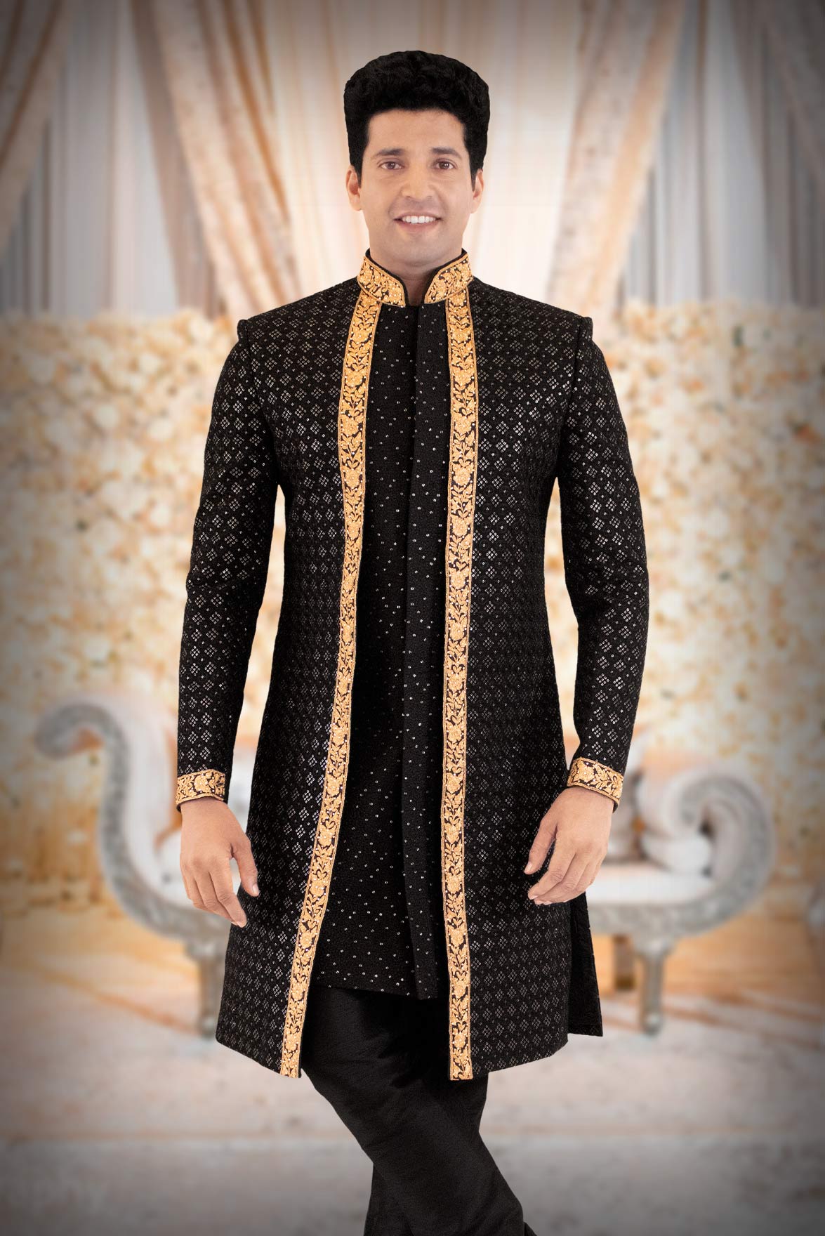 Black Lakhnavi Sherwani
