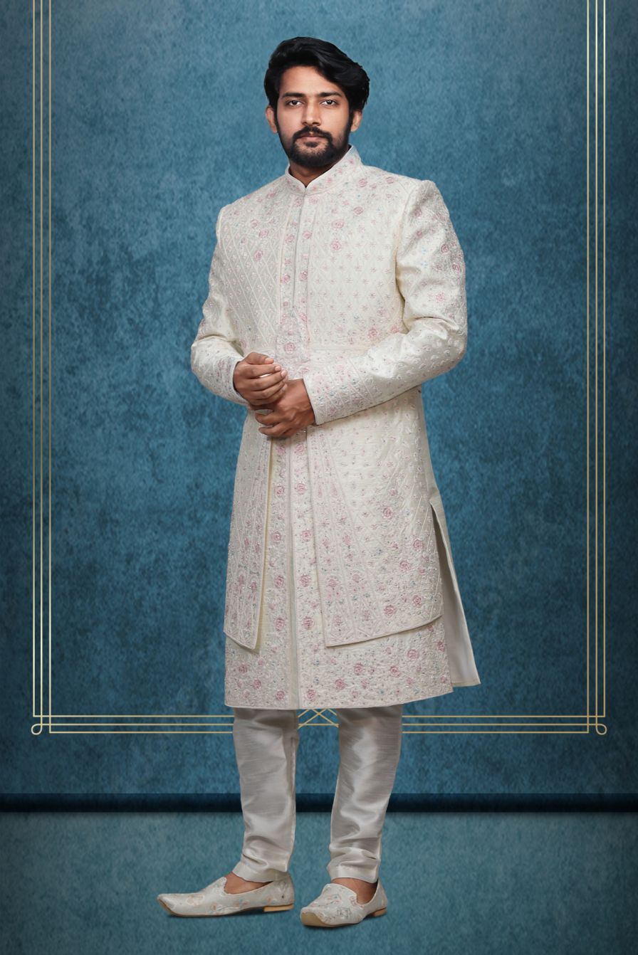 Royal White  And Pink Silk Grooms Sherwani