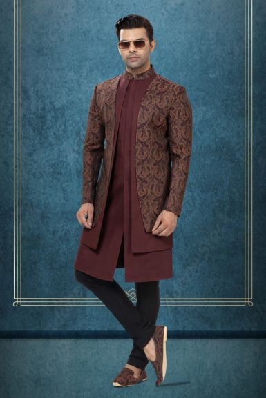 Maroon Silk Kurta  with Brown Paisley Brocade  Indo-Western Sherwani