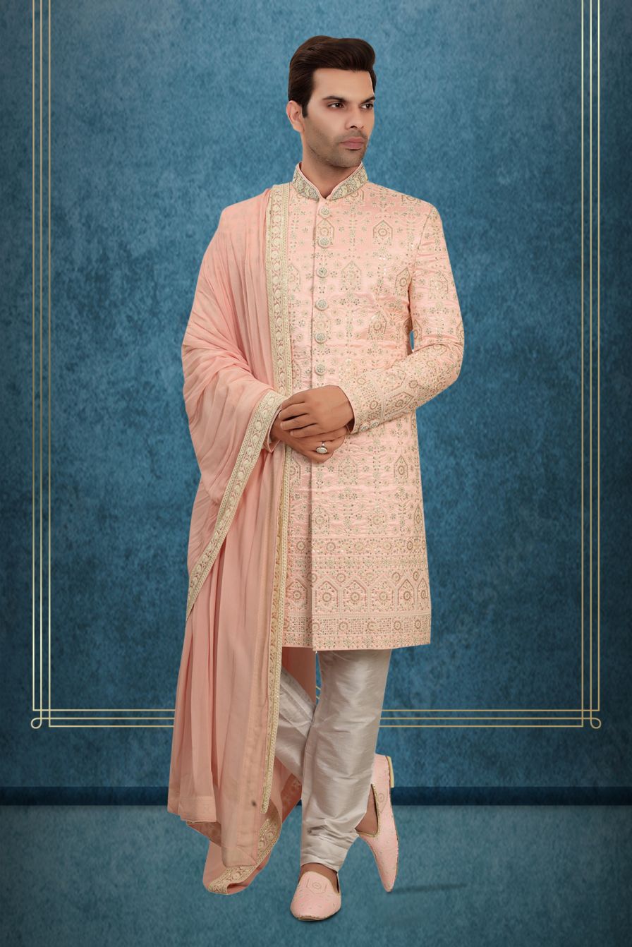 Blush Pink Embroidered Silk Sherwani Set with Matching Dupatta and Intricate Thread Work