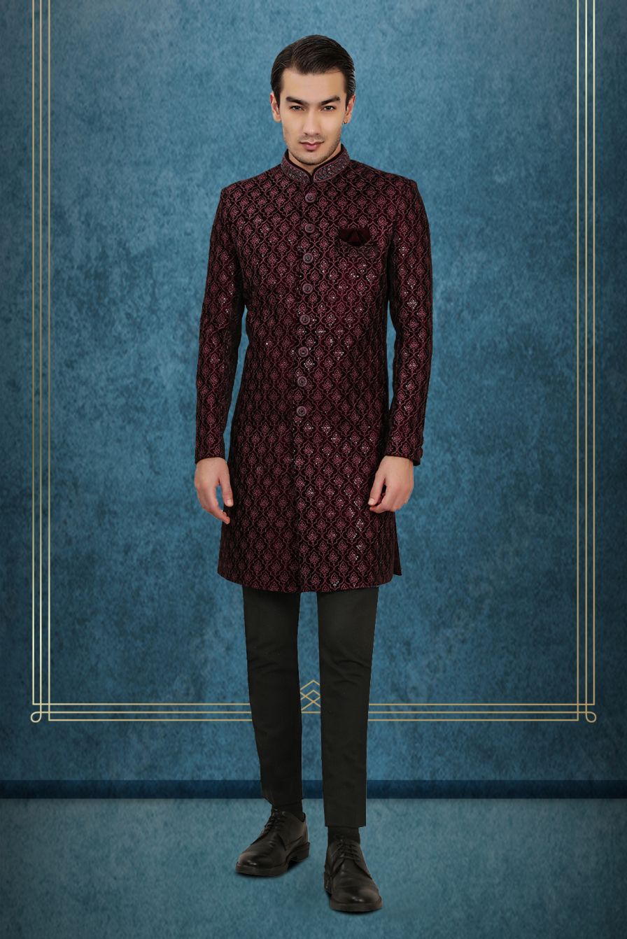 Wine Embroidered Velvet Sherwani