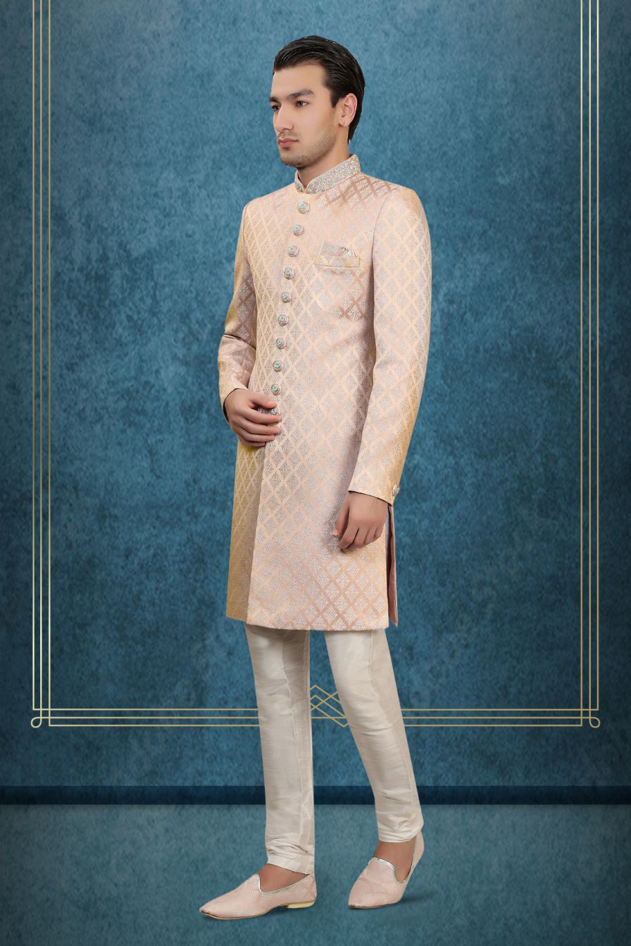 Pale Lilac And Silver With Silky Jacquard Fabric Sherwani
