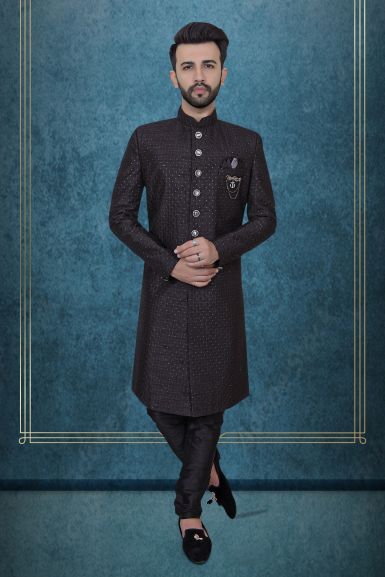 Black Textured Jacquard Sherwani  with Silver Buttons