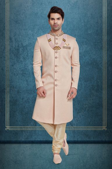 Baby Pink & Gold Silky Jacquard Sherwani