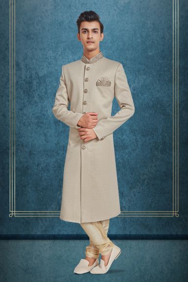 Dusty White & Gold Printed Silky Jacquard Sherwani