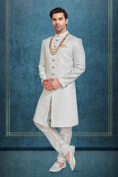 Cream And White Raw Silk Sherwani