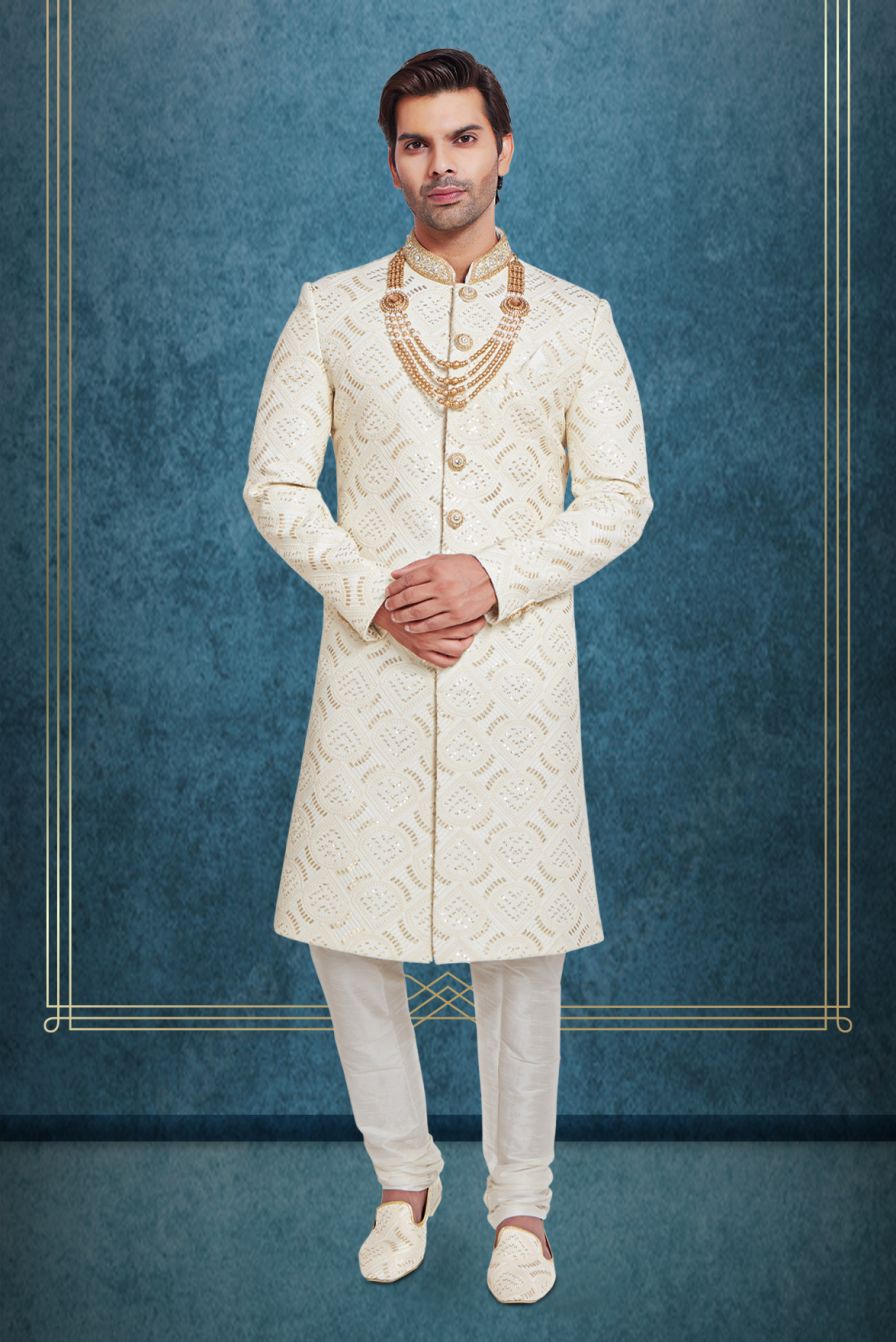 Royal Cream And Gold Embroidered  Sherwani