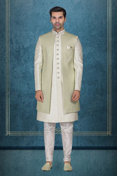 Green Textured Jacket Over An Ivory Kurta With Delicate Silver Embellishments Jacket Sherwani