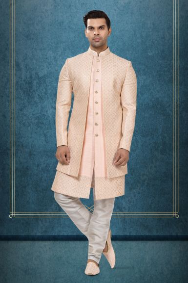 Peach Brocade Layered Sherwani
