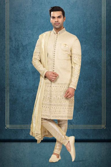Golden Zari Embroidered Sherwani with Dupatta