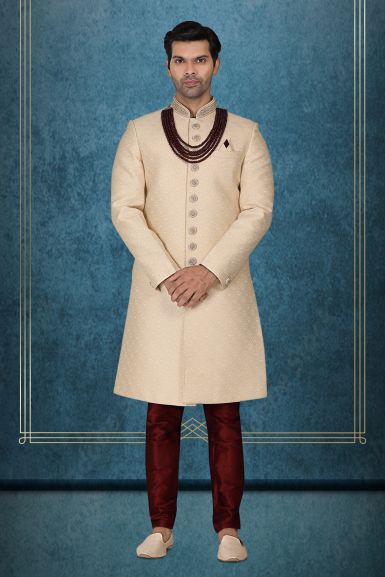 Classic Cream Textured Sherwani with Maroon Beads