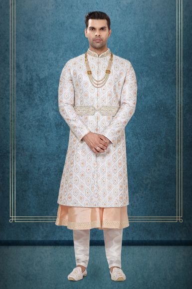 Peach Empress Jacquard Luxurious Classic Sherwani