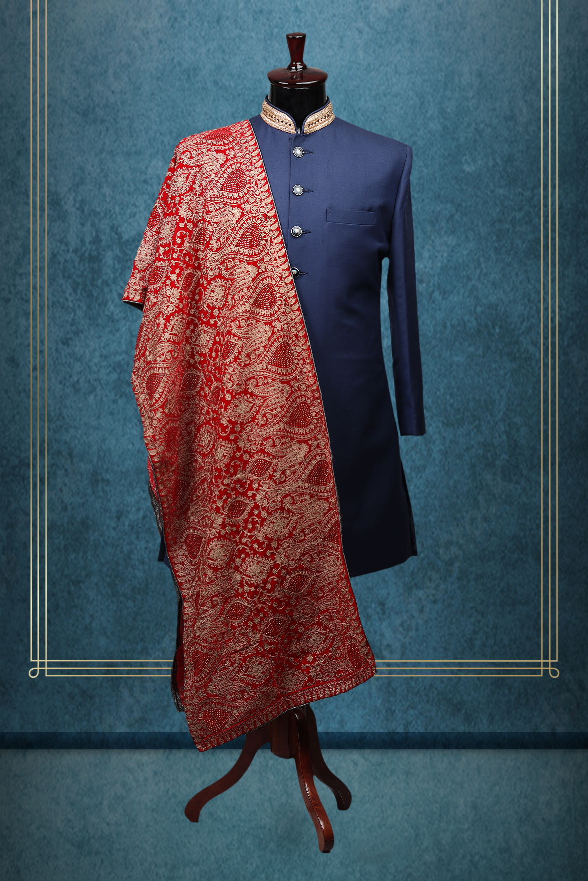 Bright Red And Golden Heavy Threadworked Velvet Grooms Shawl