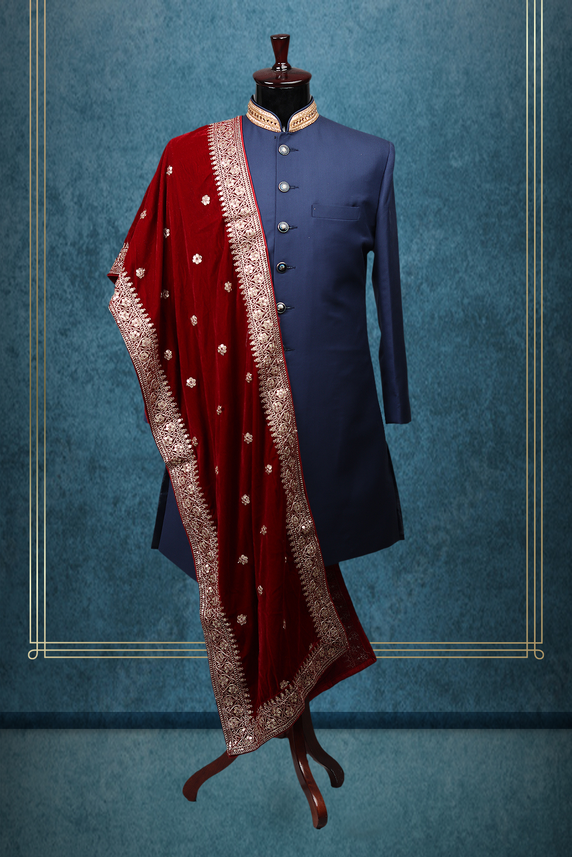 Maroon Grooms Shawl With Exquisite Golden Border Detailing And Golden Polka Dots