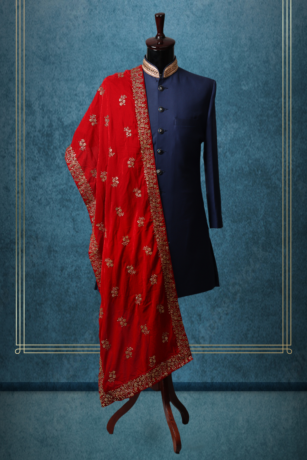 Bright Red And Golden Motif Embellished Grooms Shawl