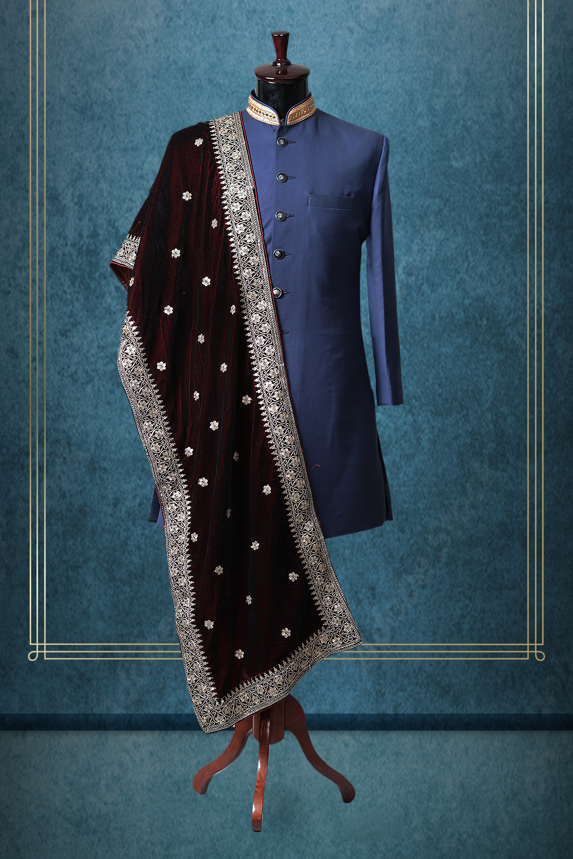 Dark Maroon Elegant Grooms Shawl With Golden Border Details