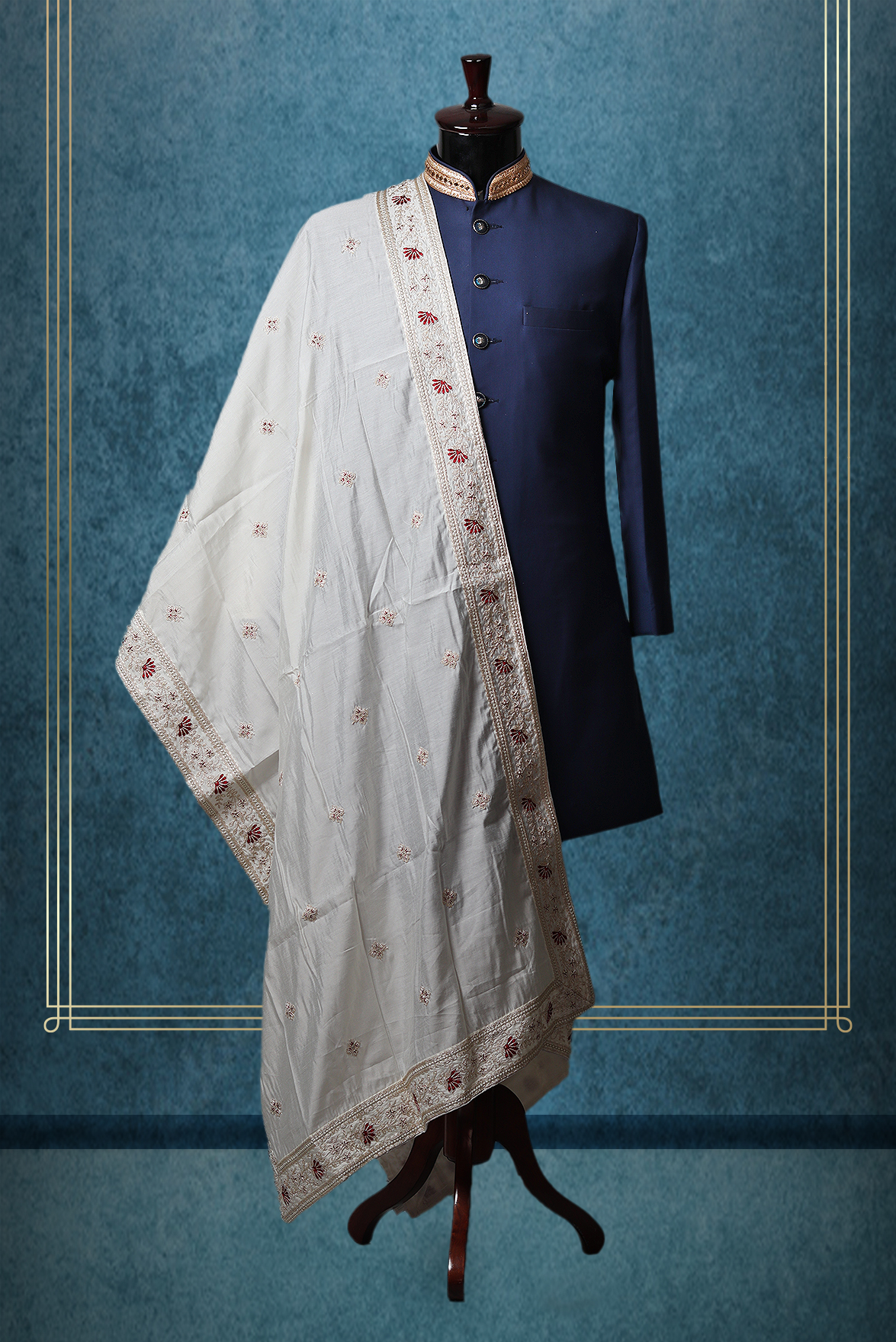 White Minimal Threadworked Grooms Shawl With Golden Details