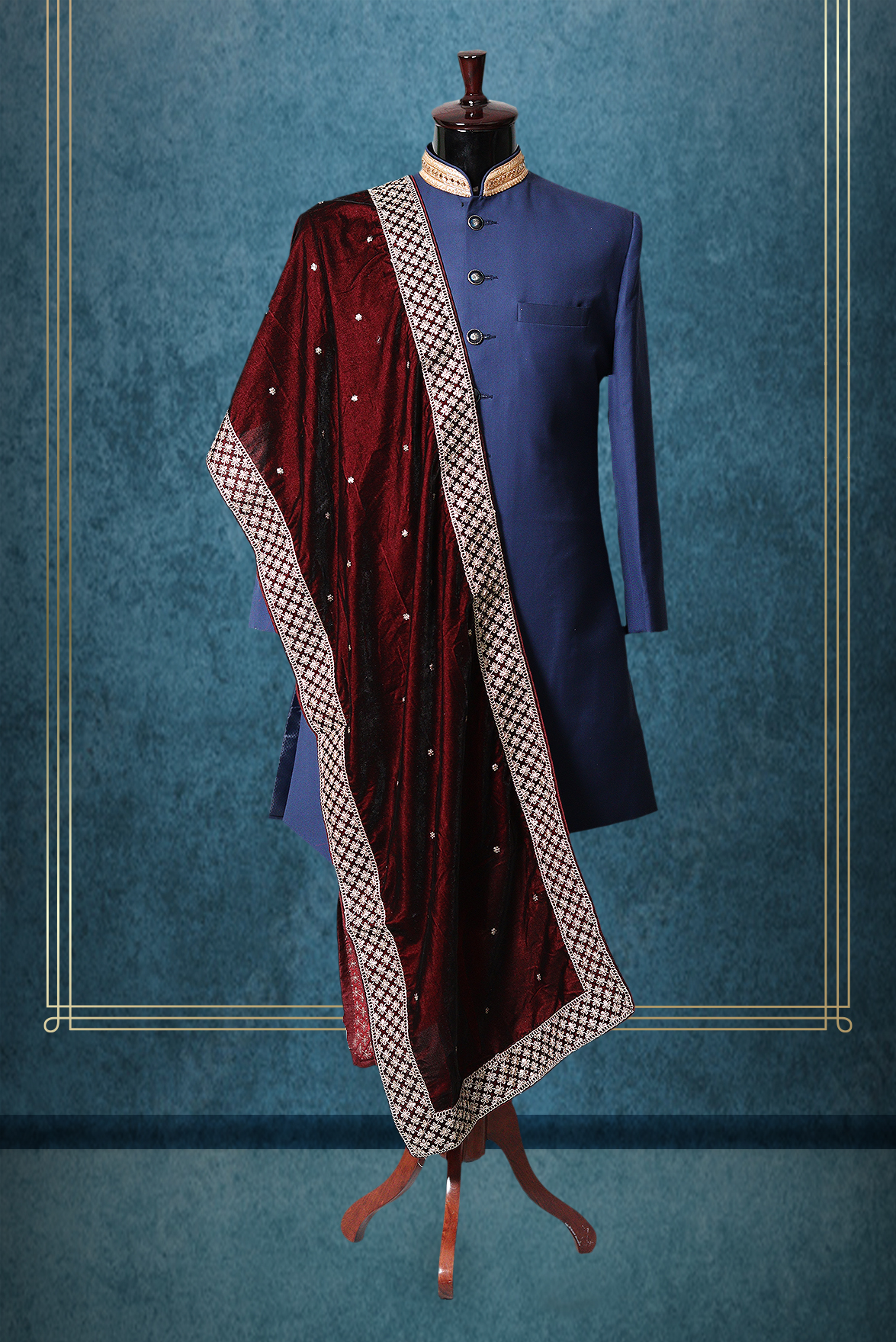 Maroon Elegant Grooms Shawl With Threadworked Border Detailing