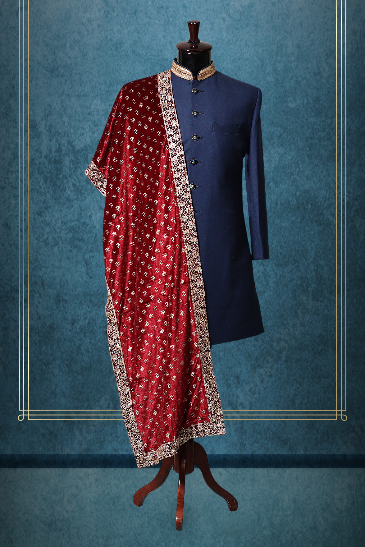 Maroon Heavy Embellished Grooms Shawl With Contrasing Border Details
