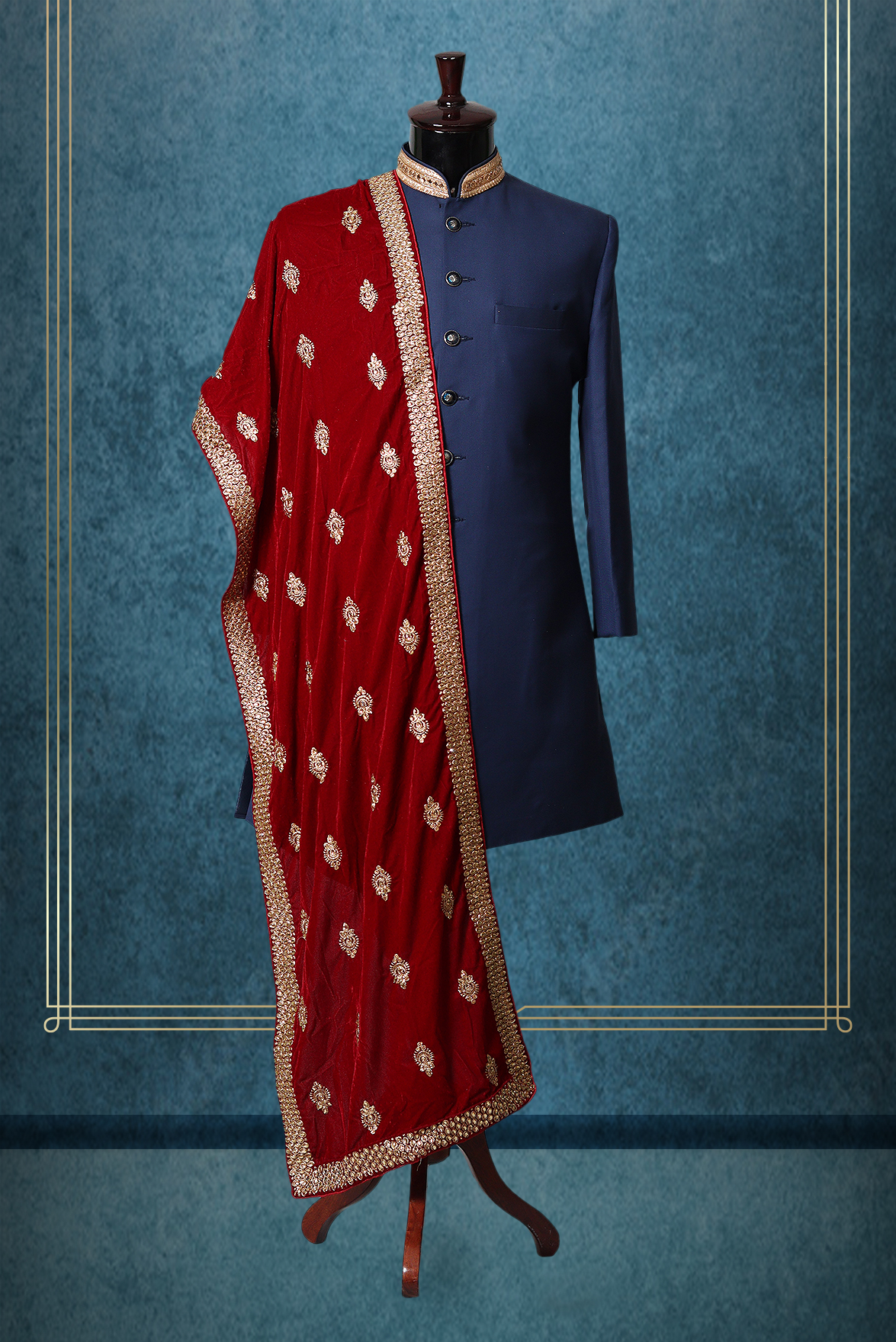 Cherry Red Classic Grooms Shawl With Golden Motif Details