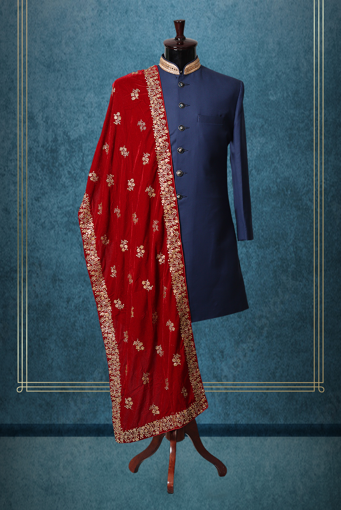 Red Classic Grooms Shawl With Golden Motif Details